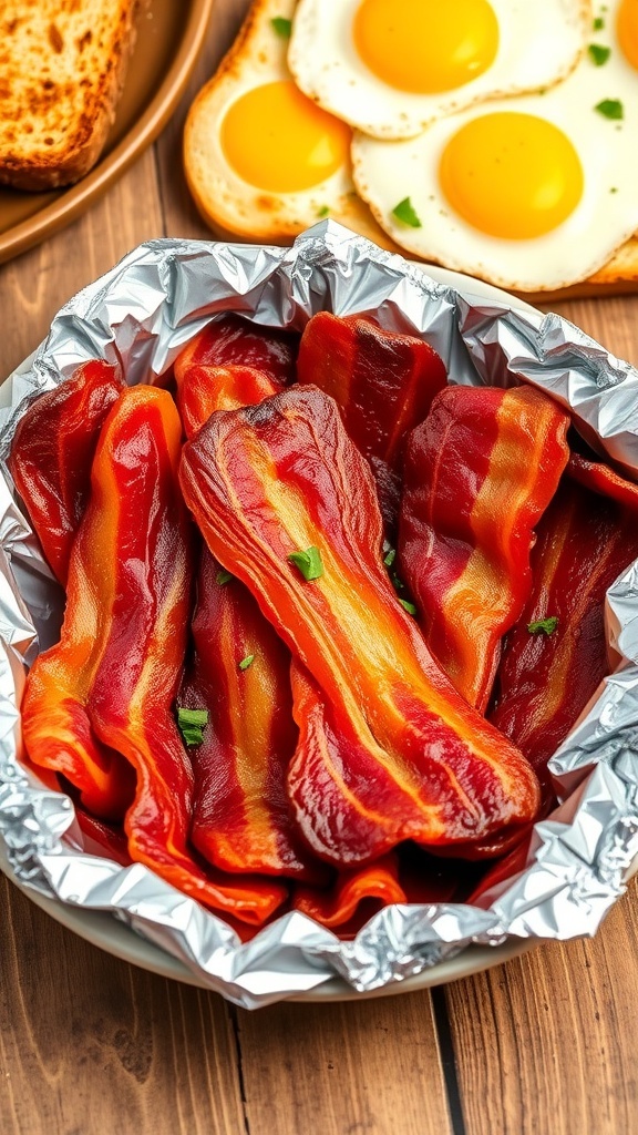 Crispy Air Fryer Bacon Wrapped in Foil Crispy air fryer bacon wrapped in foil on a plate, served with eggs and toast.